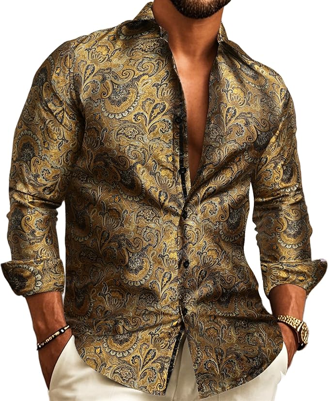 Dark gold paisley dress shirt for men in high sheen satin