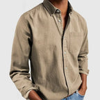 Mens button up shirt in Khaki, front view on a model