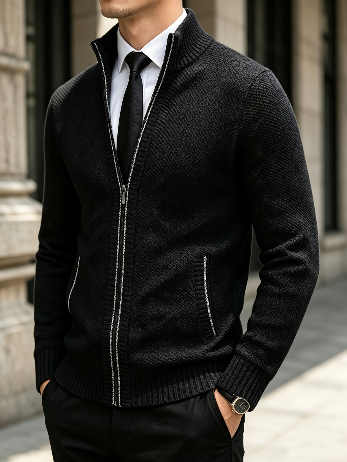 Patch Pockets Cardigan with Stand Collar