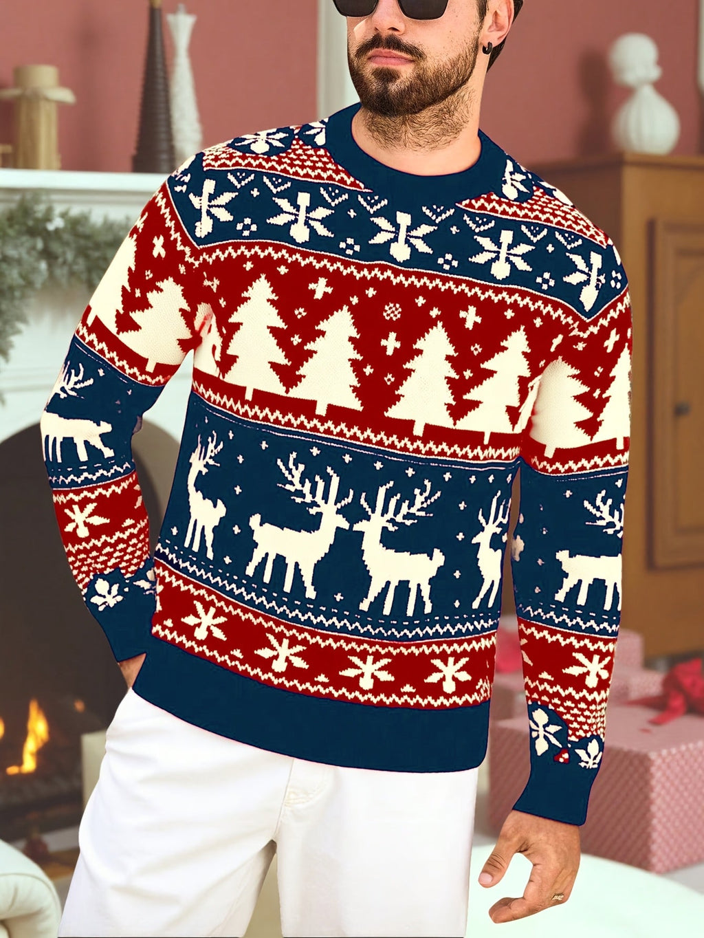 Mens Christmas sweater in Blue with red and cream reindeer bands, worn