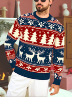 Mens Christmas sweater in Blue with red and cream reindeer bands, worn