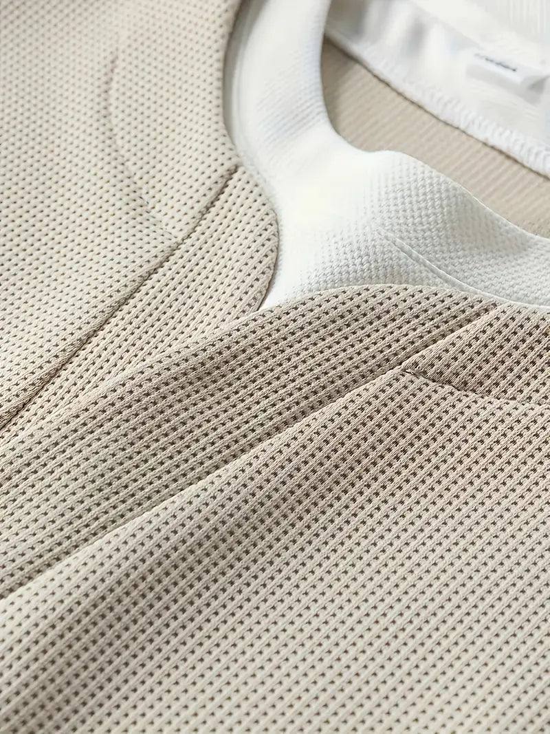 Mens waffle knit sweatshirt in Khaki, close-up of the notch neck and white trim