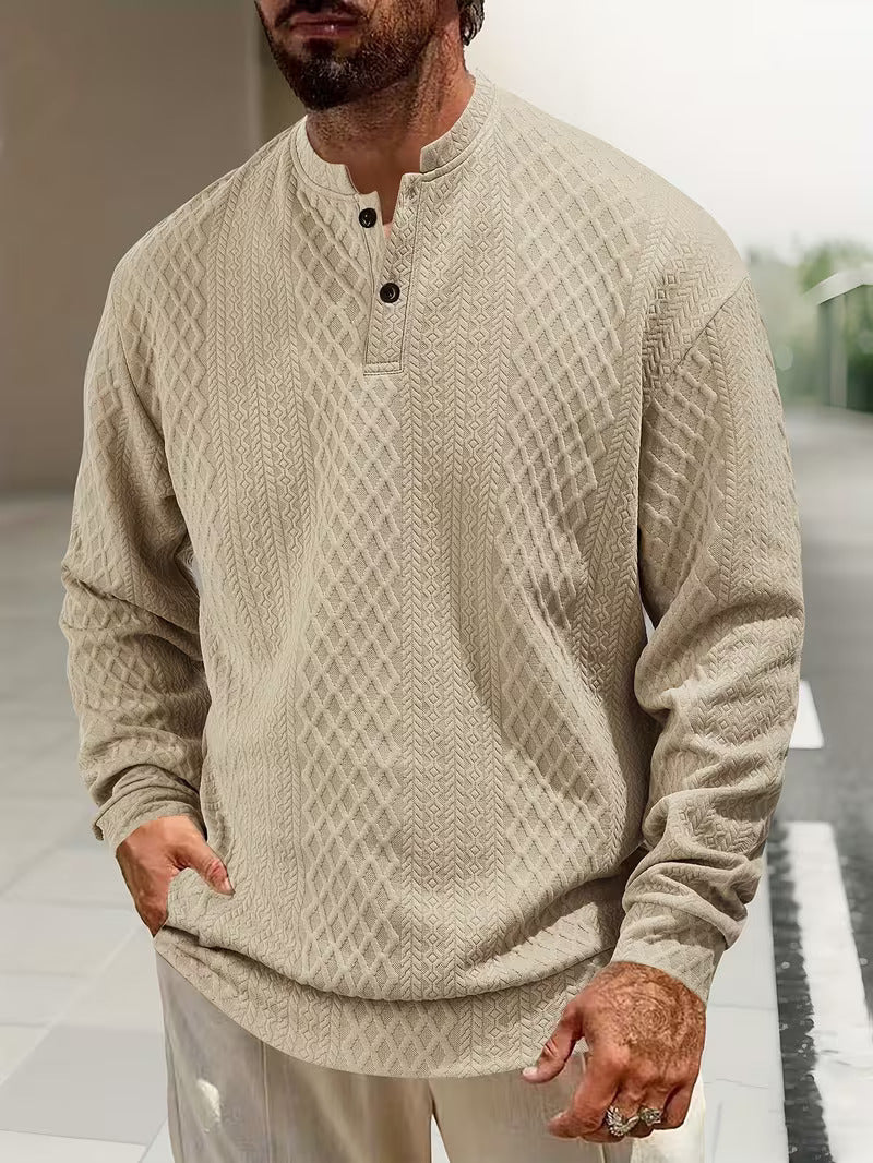 Mens henley sweater in Khaki, front view