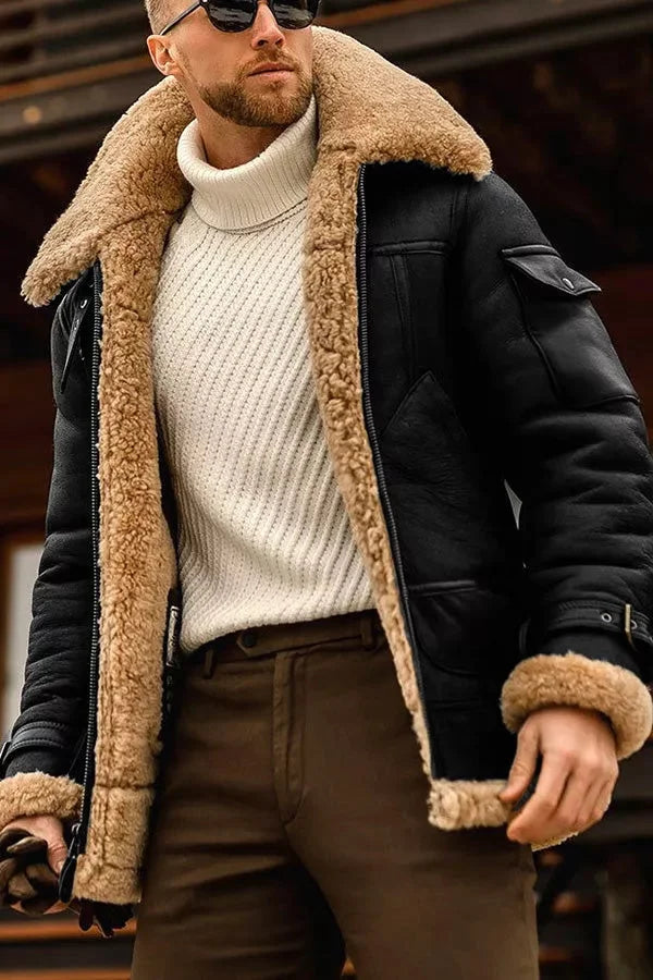 Shearling Collar Suede Aviator Jacket with Zip Front