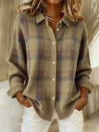 Womens cardigan in Brown, plaid, front view