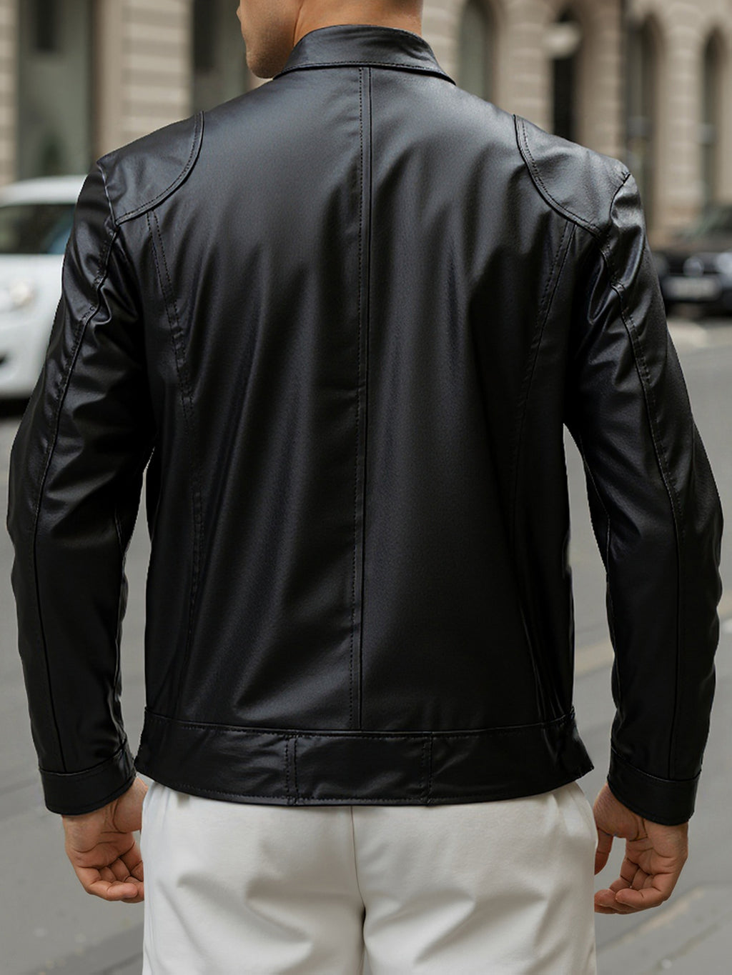 Zip Pockets Leather Jacket with Stand Collar