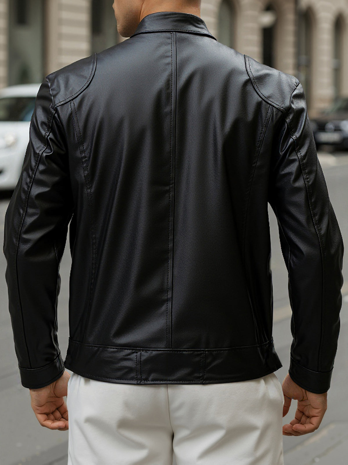 Zip Pockets Leather Jacket with Stand Collar
