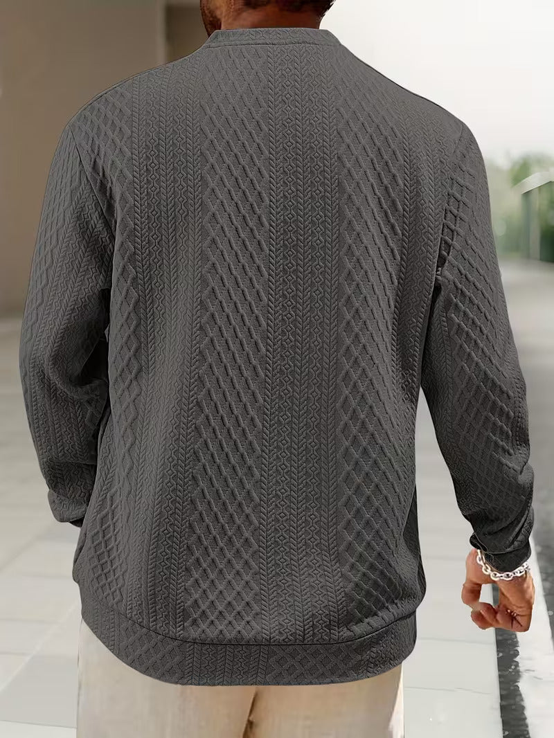 Mens henley sweater in Gray, back view