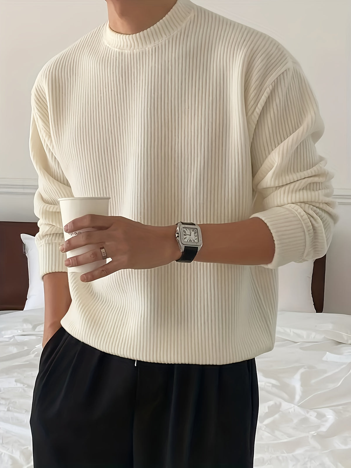 White Crewneck Sweater with Ribbed Knit