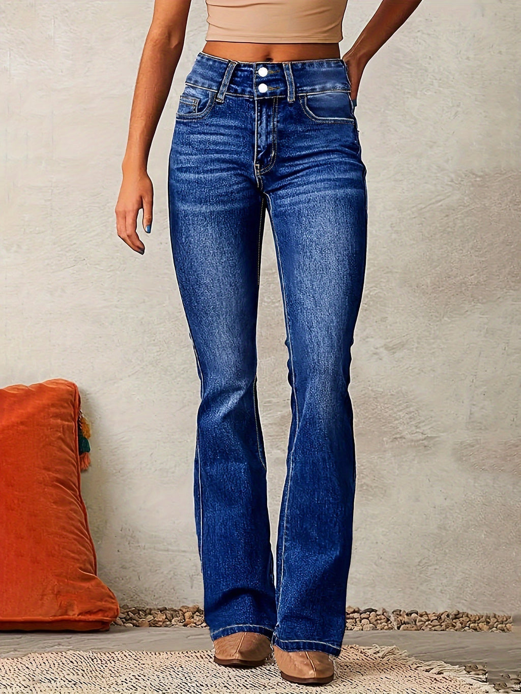 Womens flare jeans in Navy with double button high waist, front view