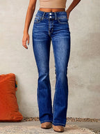 Womens flare jeans in Navy with double button high waist, front view