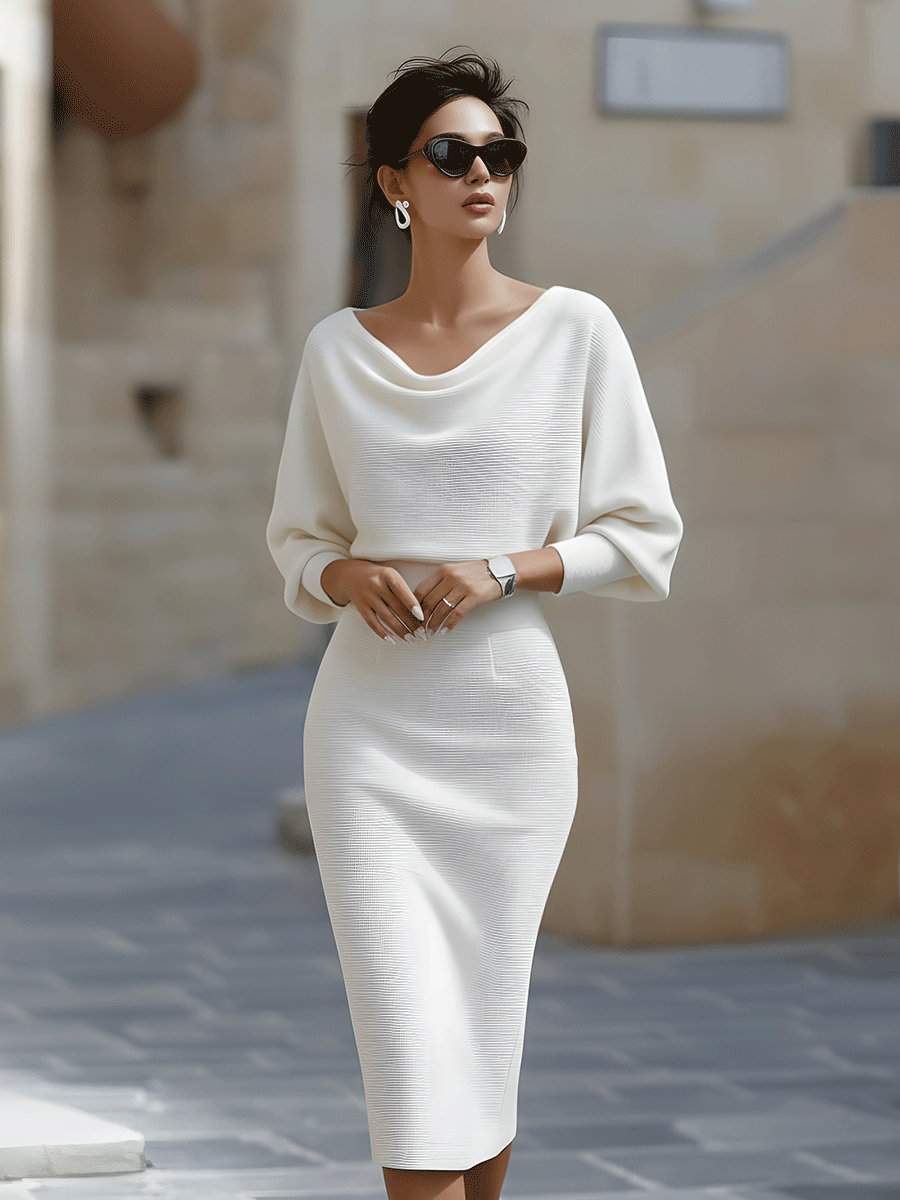 Womens midi sweater dress in White, cowl neck and batwing sleeves, front view