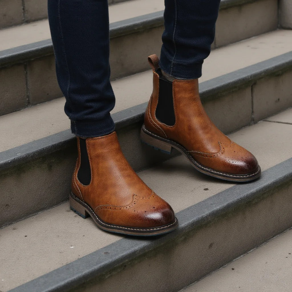 Brogue Detailing Leather Chelsea Boots with Elastic Gusset