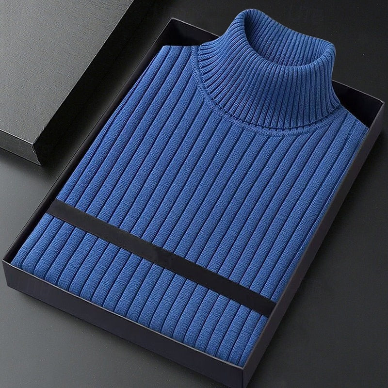 Mens turtleneck sweater in Blue, folded in a gift box