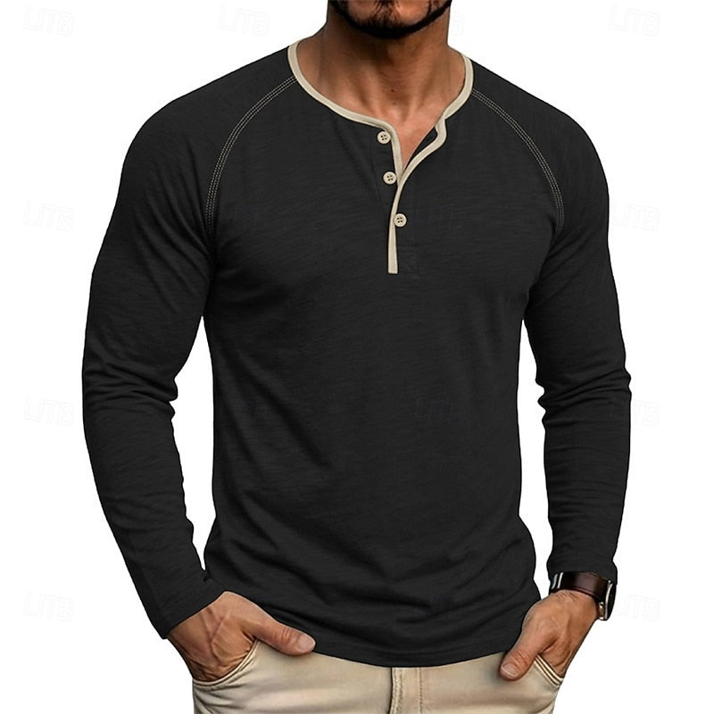 Mens henley shirt in Black, worn with contrast neck trim