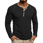 Mens henley shirt in Black, worn with contrast neck trim