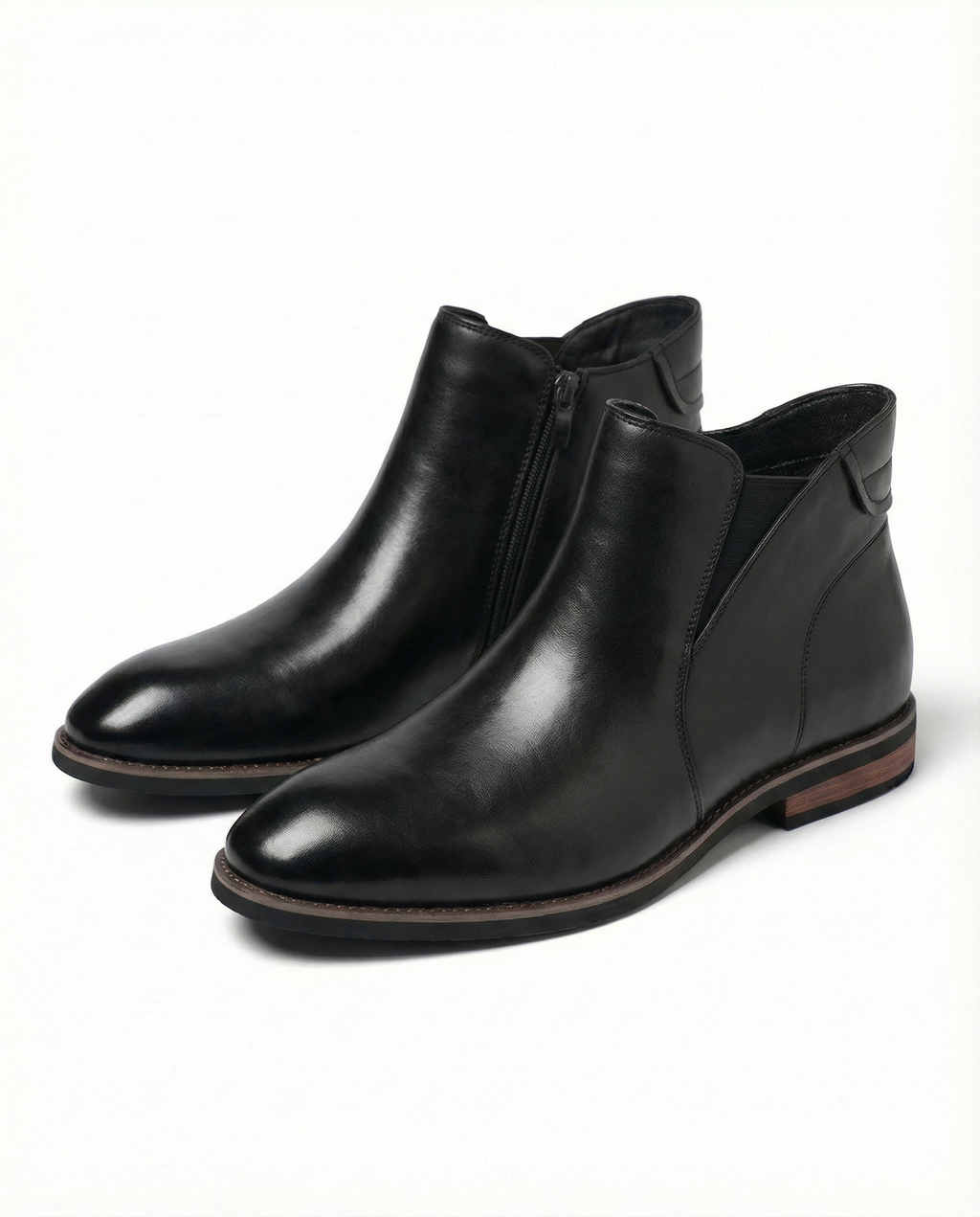 Elastic Gusset Leather Chelsea Boots with Stacked Heel