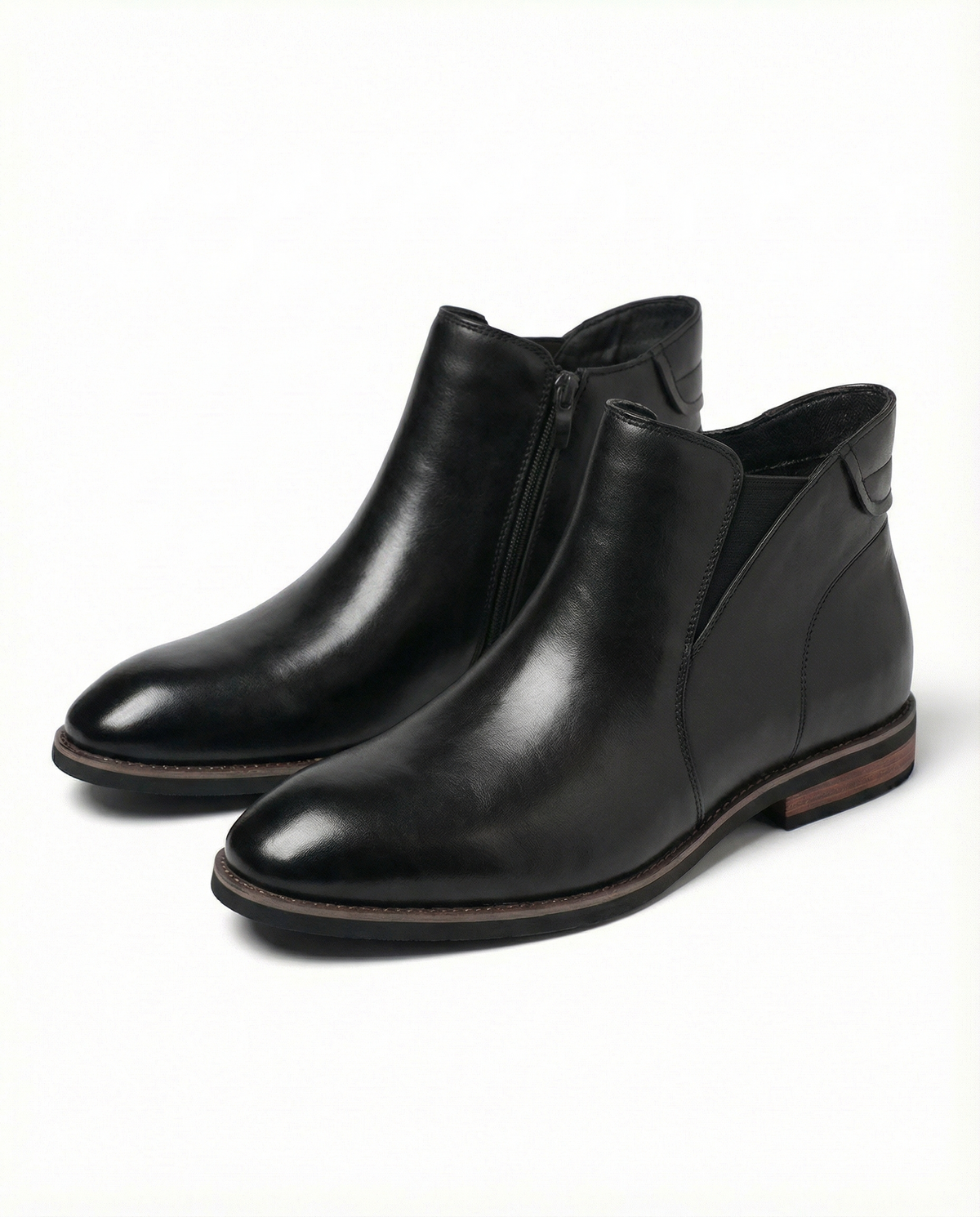 Elastic Gusset Leather Chelsea Boots with Stacked Heel