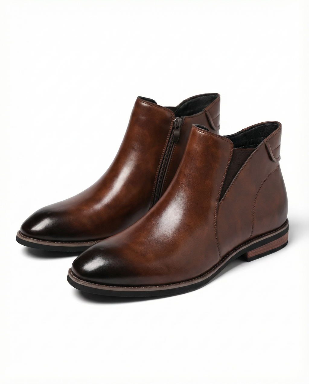 Elastic Gusset Leather Chelsea Boots with Stacked Heel