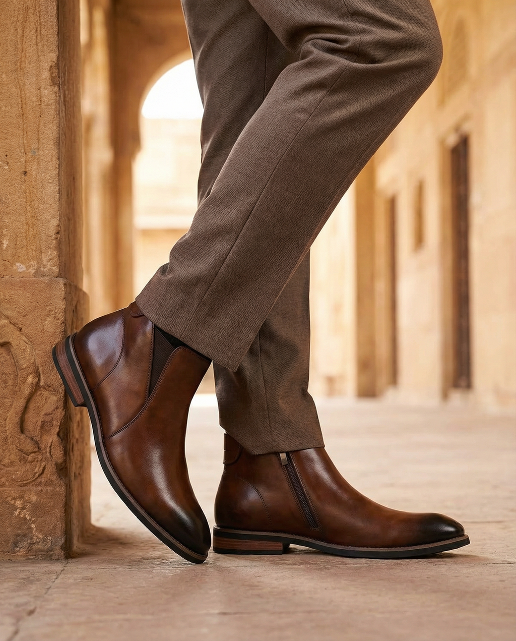 Elastic Gusset Leather Chelsea Boots with Stacked Heel