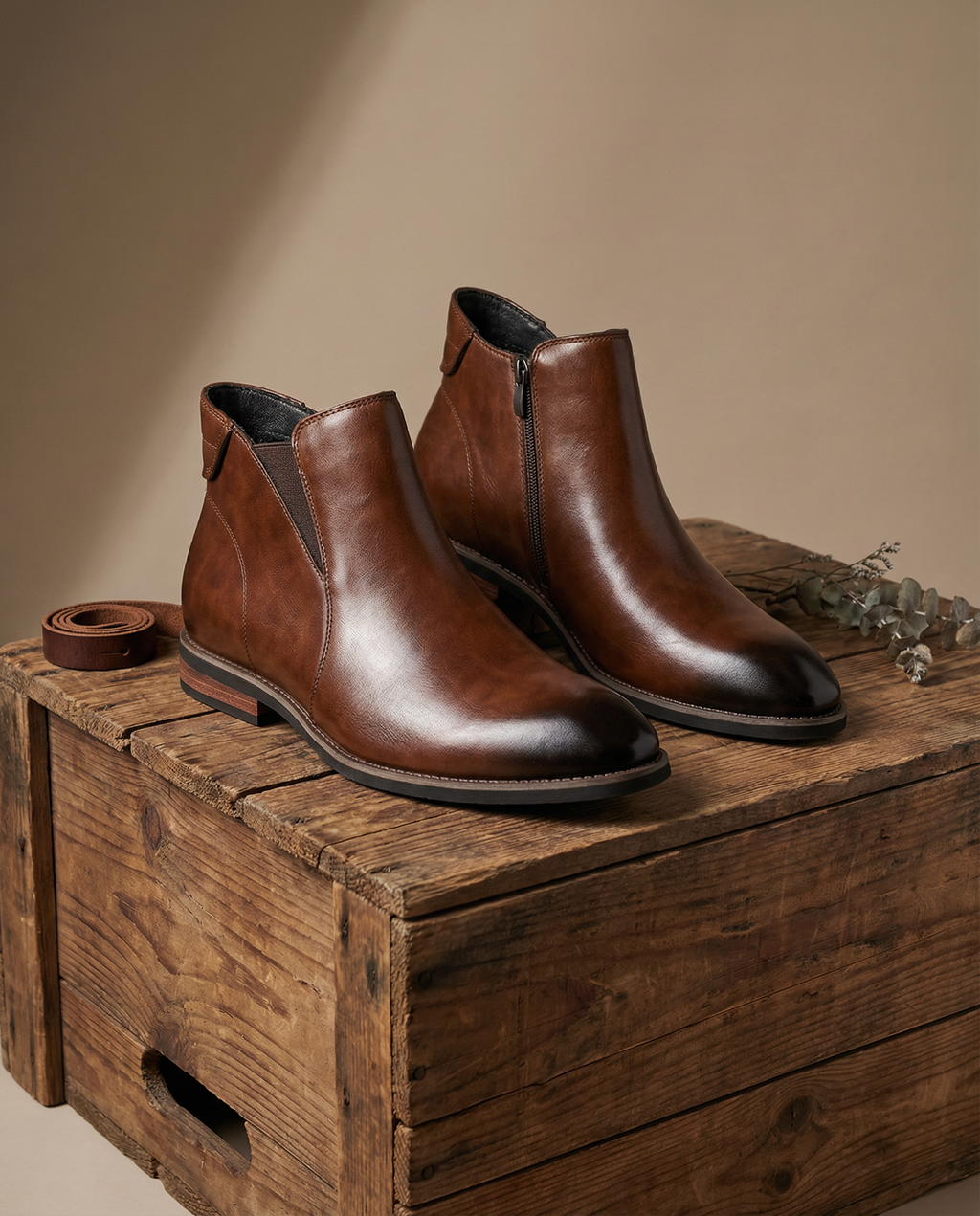 Elastic Gusset Leather Chelsea Boots with Stacked Heel