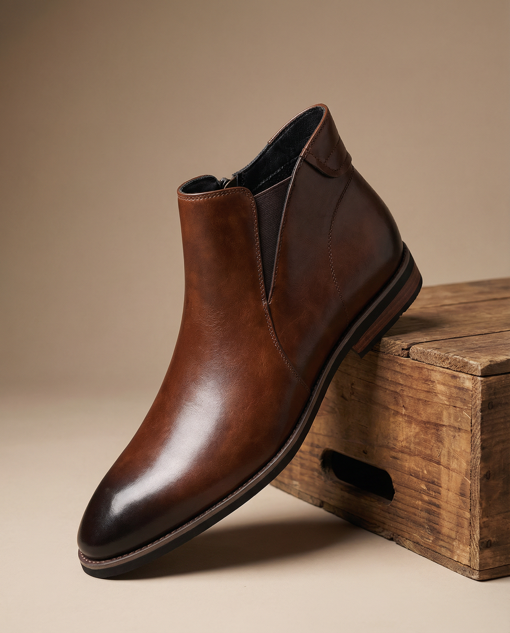 Elastic Gusset Leather Chelsea Boots with Stacked Heel
