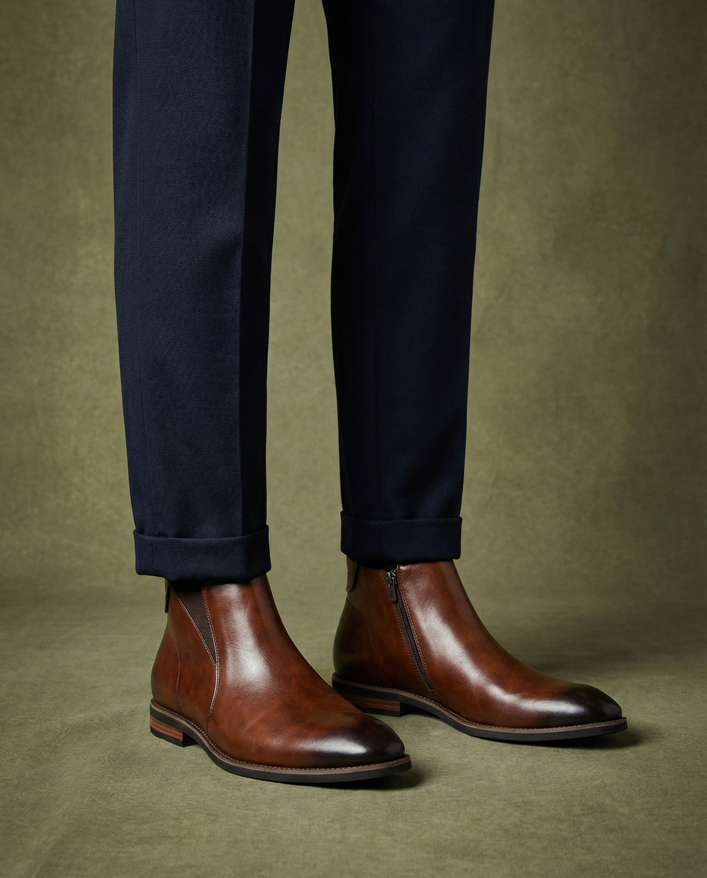 Elastic Gusset Leather Chelsea Boots with Stacked Heel