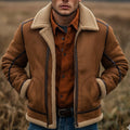 Brown faux Shearling Aviator Jacket for Men with Wide Collar