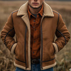 Brown faux Shearling Aviator Jacket for Men with Wide Collar