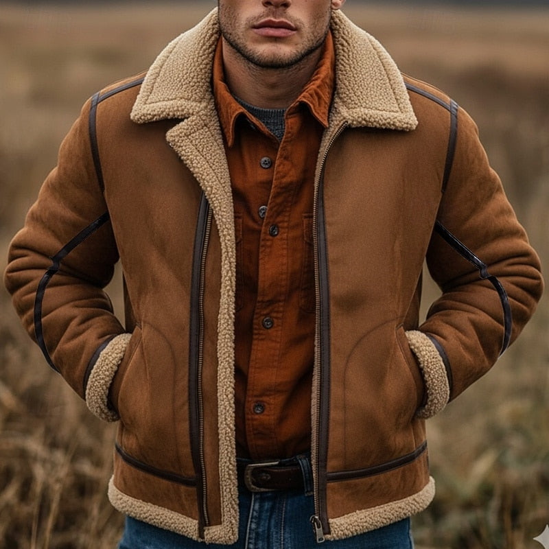 Brown faux Shearling Aviator Jacket for Men with Wide Collar