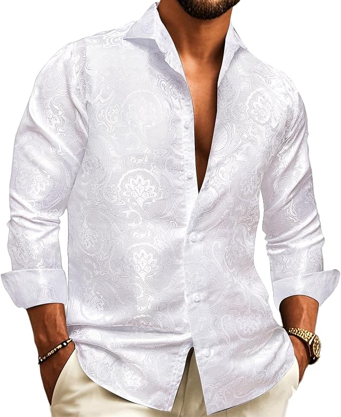 White paisley dress shirt for men in high sheen satin