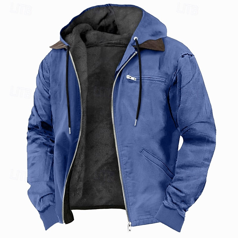 Mens fleece lined work jacket in Blue, front view, open over the fleece lining