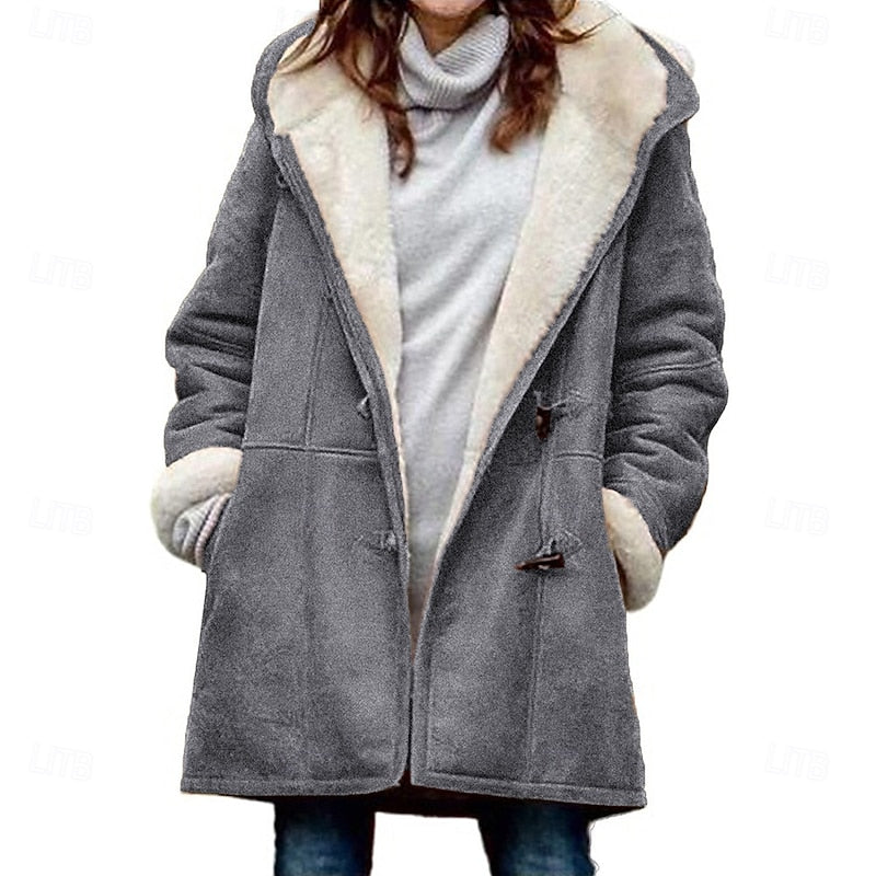 Womens winter coat in Gray with sherpa lined hood and toggles