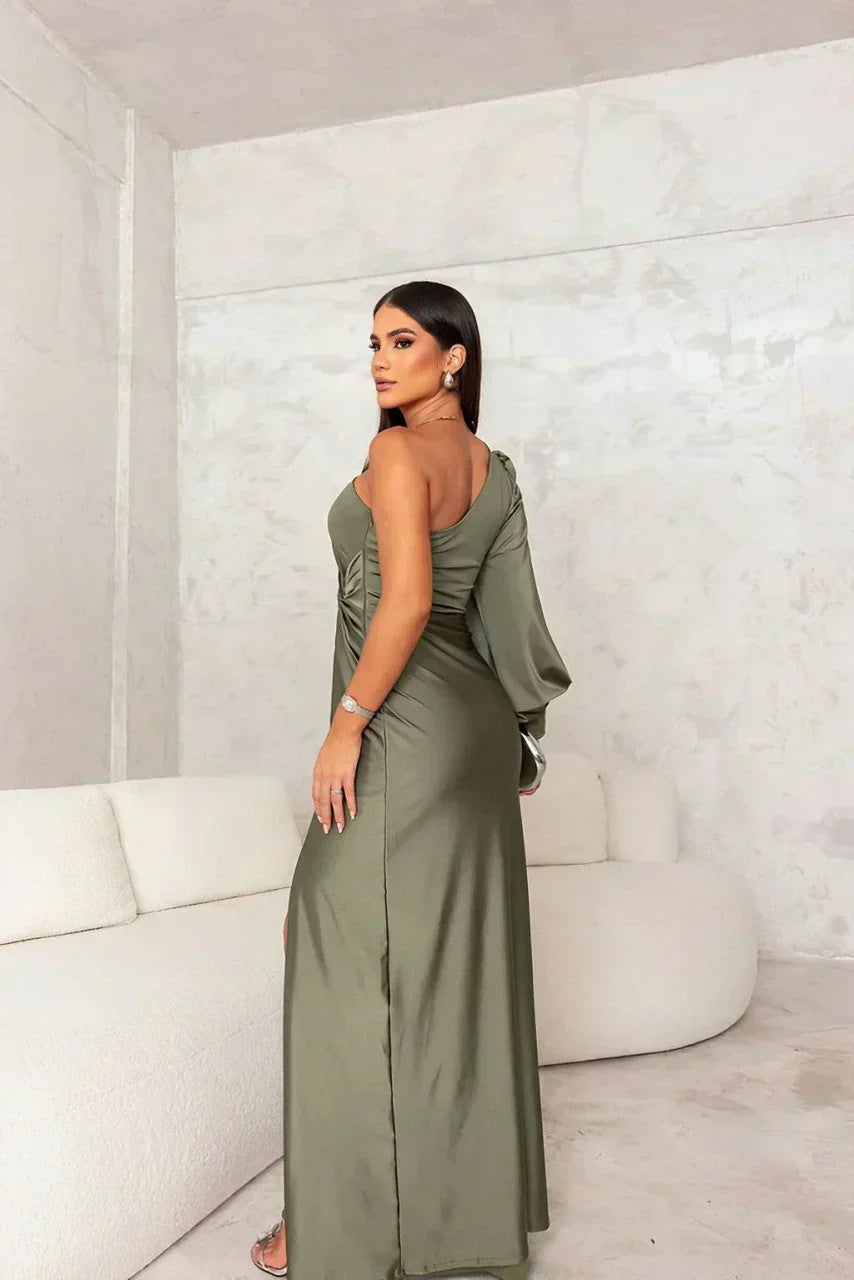 Womens one shoulder dress in Olive, back view