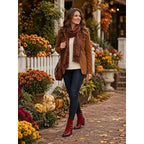 Womens ankle boots in Burgundy, worn with a brown coat
