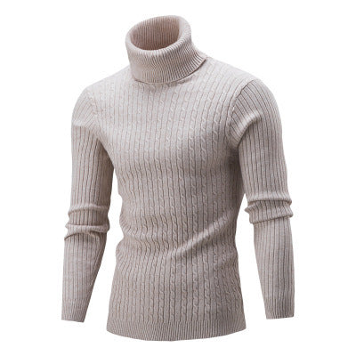 Beige ribbed Turtleneck Sweater for Men with Slim Fit