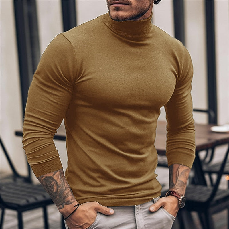 Mens turtleneck in Khaki, worn on model