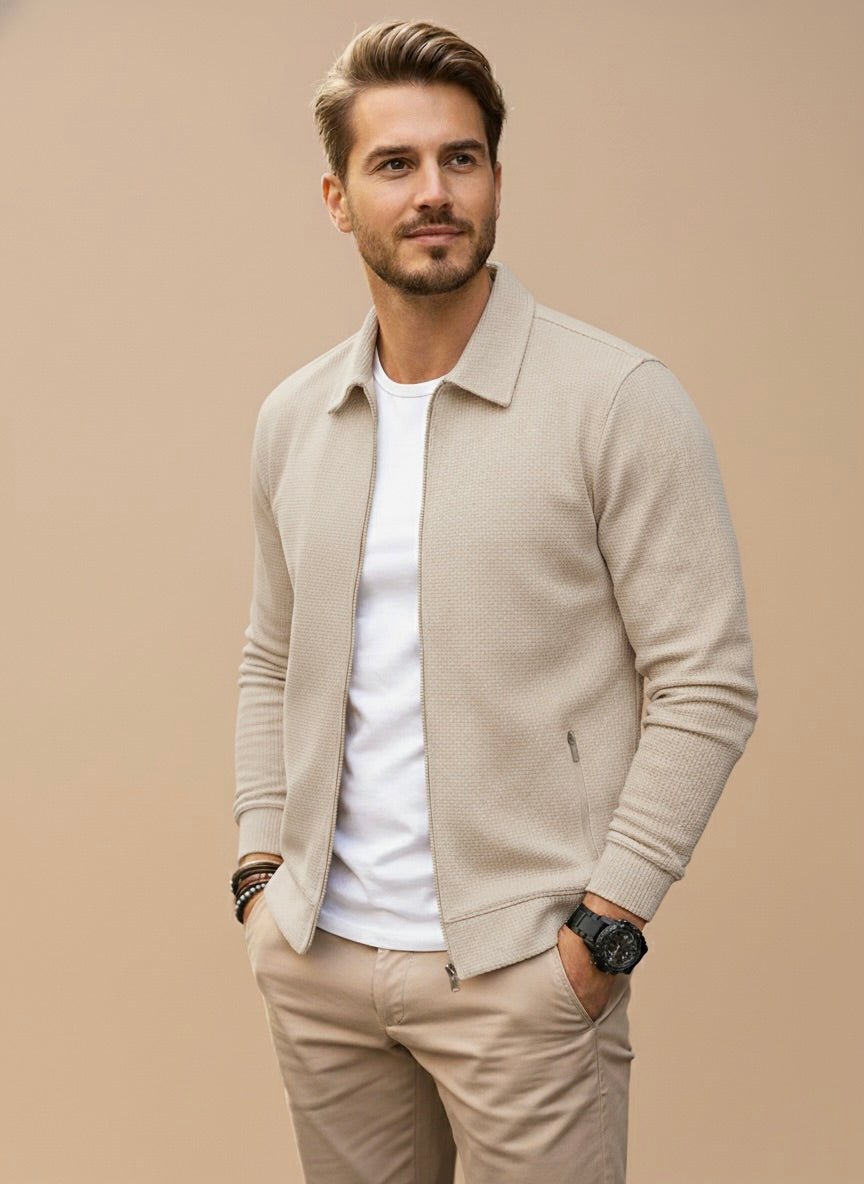 Mens zip up jacket in Beige textured knit with shirt collar, front view