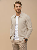 Mens zip up jacket in Beige textured knit with shirt collar, front view
