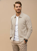 Mens zip up jacket in Beige textured knit with shirt collar, front view