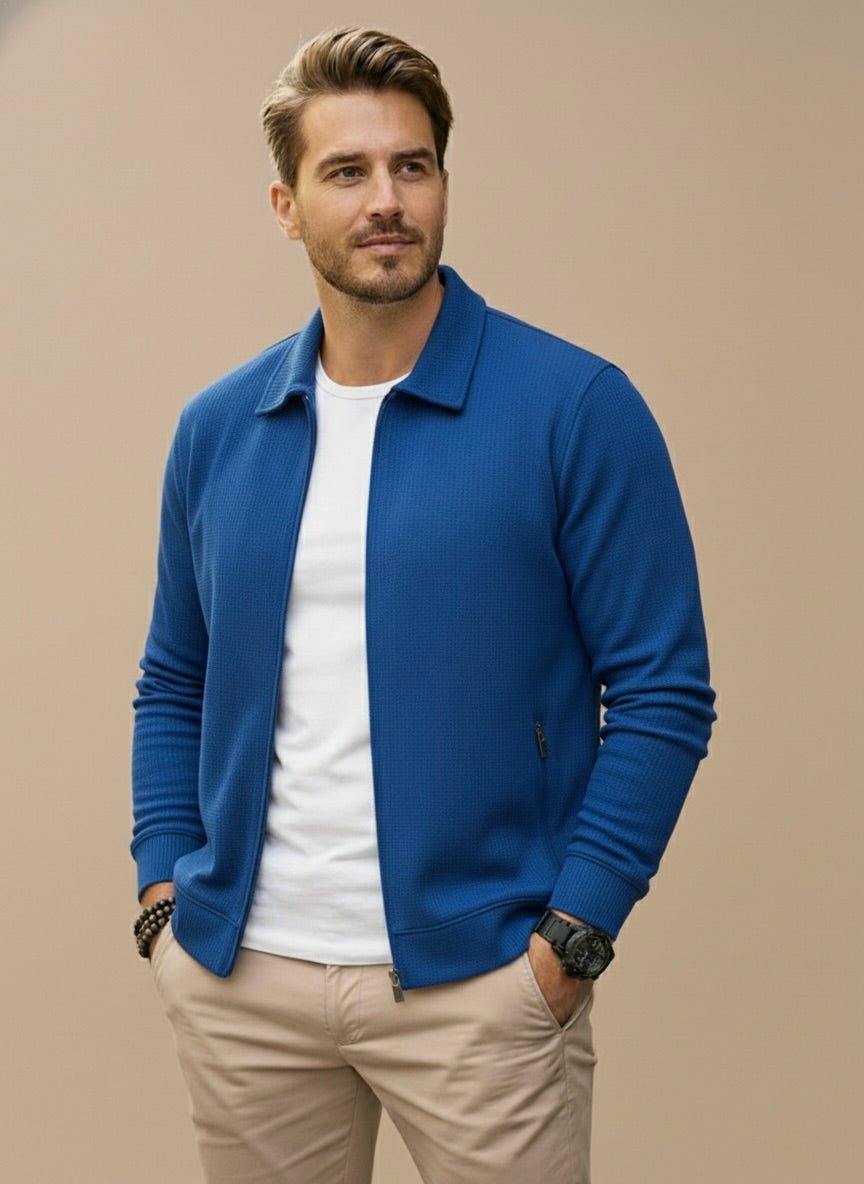 Mens zip up jacket in Blue textured knit with shirt collar, front view