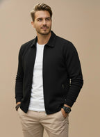 Mens zip up jacket in Black textured knit with shirt collar, front view