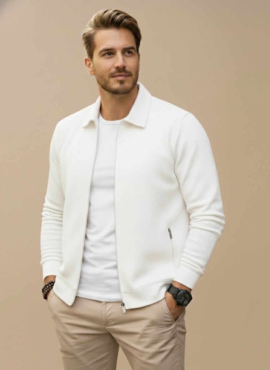 Mens zip up jacket in White textured knit with shirt collar, front view