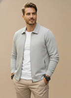 Mens zip up jacket in Light Gray textured knit with shirt collar, front view