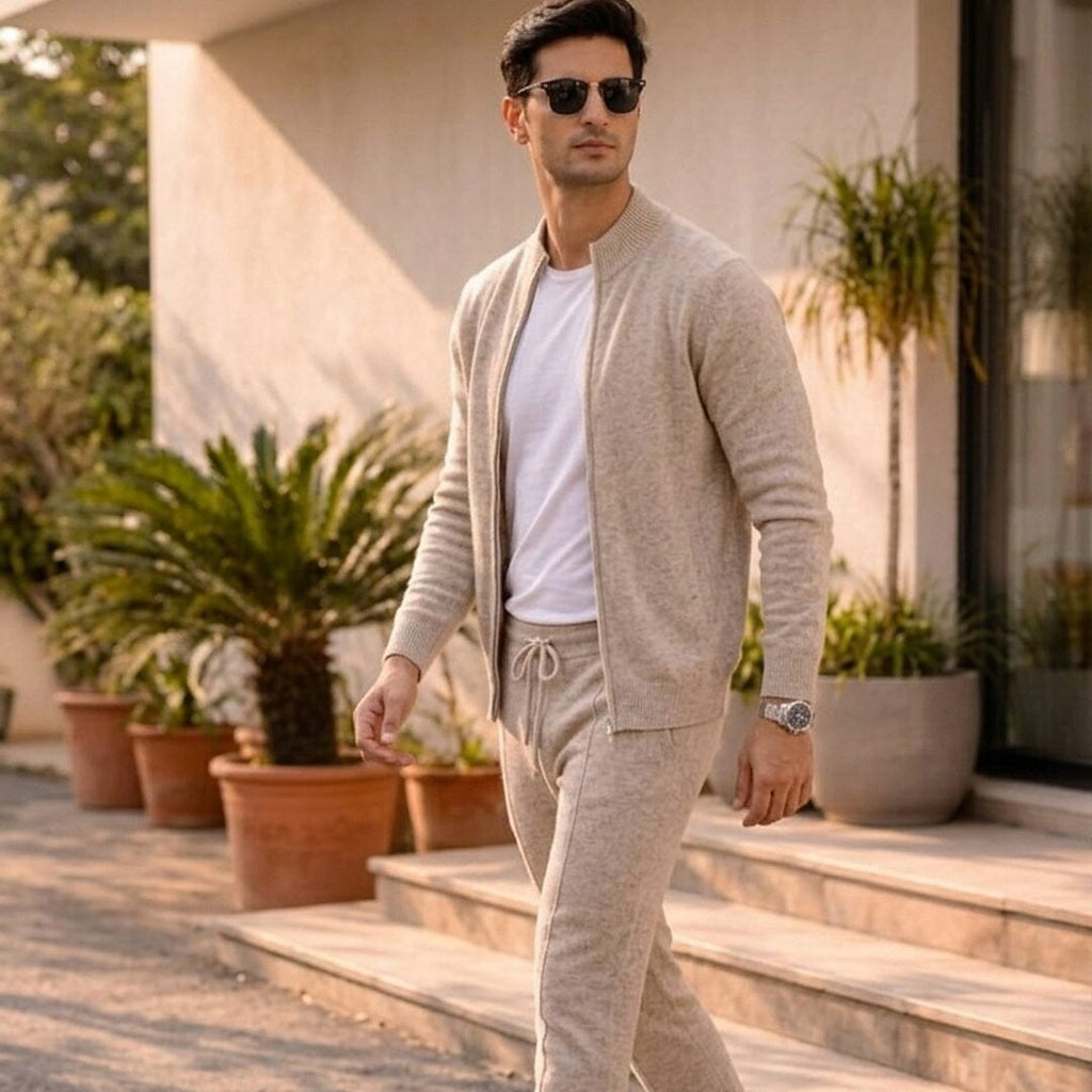 Mens matching set in Beige, worn by a model over a white tee