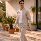 Mens matching set in Beige, worn by a model over a white tee