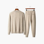 Mens matching set in Beige, cardigan and pants on hangers, back view