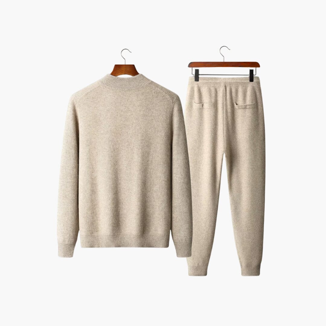 Mens matching set in Beige, cardigan and pants on hangers, back view