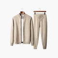 Mens matching set in Beige, zip cardigan and drawstring pants on hangers, front view