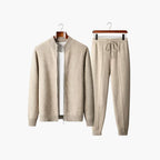 Mens matching set in Beige, zip cardigan and drawstring pants on hangers, front view